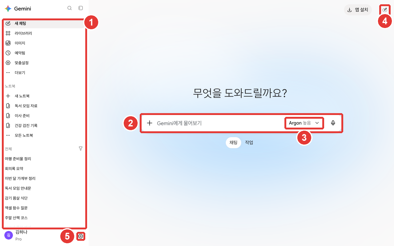 로그인한 Gemini 첫 화면. ① 왼쪽 옆 메뉴(「새 채팅」「라이브러리」「이미지」「예약됨」「맞춤설정」「더보기」, 「노트북」, 「전체」 대화 목록), ② 가운데 입력창 「Gemini에게 물어보기」, ③ 입력창 오른쪽 모델 버튼 「Argon 높음」, ④ 오른쪽 위 「임시 채팅」 아이콘, ⑤ 왼쪽 아래 톱니바퀴 「설정」에 빨간 번호가 붙어 있다. 입력창 아래에 「채팅」「작업」 전환이 있다