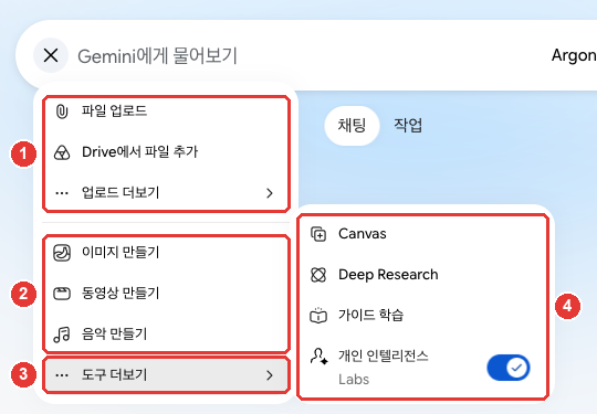 입력창 「+」를 누른 메뉴. ① 「파일 업로드」「Drive에서 파일 추가」「업로드 더보기」, ② 「이미지 만들기」「동영상 만들기」「음악 만들기」, ③ 「도구 더보기」, ④ 「도구 더보기」를 펼친 「Canvas」「Deep Research」「가이드 학습」「개인 인텔리전스(Labs)」에 빨간 번호가 붙어 있다