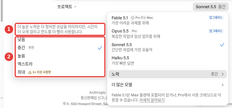 모델 메뉴의 「노력」에 마우스를 올리면 왼쪽에 열리는 단계 목록. ① 맨 위 안내 문구, ② 「낮음」, 「추천」 표시와 체크가 붙은 「중간」, 「높음」, 「엑스트라」, 「5× 이상 사용량」 경고가 붙은 「최대」에 빨간 번호가 붙어 있다