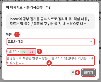 되감기 확인 창. ① 복원 「코드와 대화」, ② 「파일 1개 · +0 −35」, ③ 「셸 명령으로 적용된 변경 사항은 되돌려지지 않습니다. 커밋은 그대로 유지됩니다.」, ④ 「되감기」 버튼에 빨간 번호가 붙어 있다